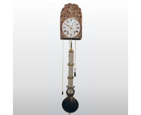 An early 20th century continental brass wall clock, with a lyre pendulum, by Delassalle Chevin a St Etienne