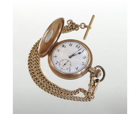 A 19th century gold plated Denston half hunter pocket watch, the enamel dial with Arabic hours and subsidiary seconds dial, o