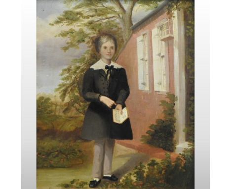 English School, (late 19th century), portrait of a Quaker child, standing before a cottage, oil on board, 34 x 29cm