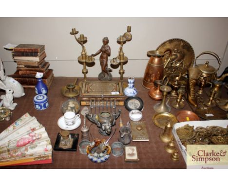 An Eastern inlaid box; a pair of brass candelabra; spelter figure of naked maiden; Doulton pottery posy vase; Eastern metal w