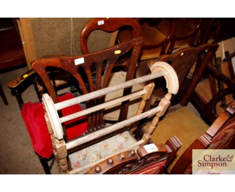 Two Chippendale style dining chairs and a towel rail 