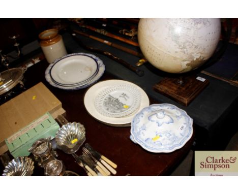 A Furnivall's blue and white game bird decorated tureen and cover; various meat plates etc.