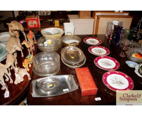 Various plated entreé dishes; an oval copper jardinière; a vintage kitchen mixing bowl; and other kitchenalia 