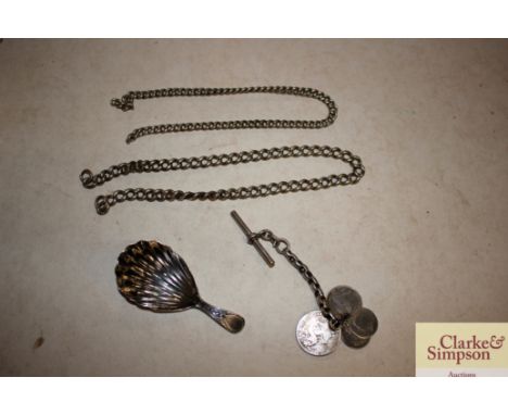 A Georgian silver caddy spoon, watch chain, watch chain fob etc.