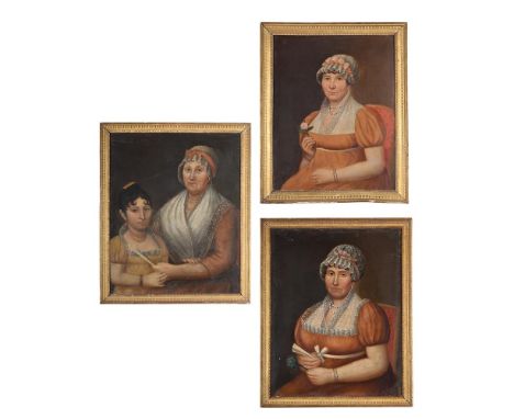 AMERICAN NAÏVE SCHOOL (19TH CENTURY) A SET OF THREE PORTRAITS OF LADIES Oil on canvas Portrait of lady holding a pink flower 