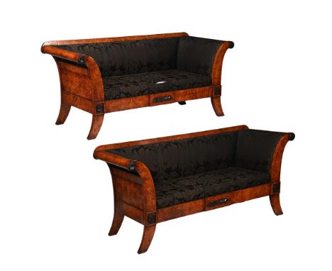A PAIR OF BURR OR HUNGARIAN ASH SOFAS BY WILLIAM SWITZER, IN BIEDERMEIER STYLE, OF RECENT MANUFACTURE Upholstered in black an