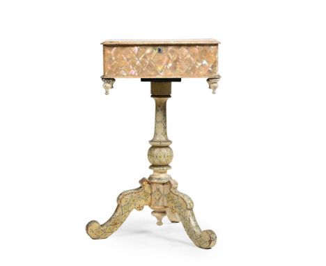Y A MOTHER OF PEARL INLAID AND POLYCHROME PAINTED TEAPOY  19TH CENTURY With geometric inset hinged top enclosing compartments