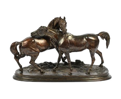 AFTER PIERRE-JULES MENE (French 1810-1879), AN EQUESTRIAN ANIMALIER BRONZE, L'ACCOLADE  20TH CENTURY signed to cast P. J. MEN