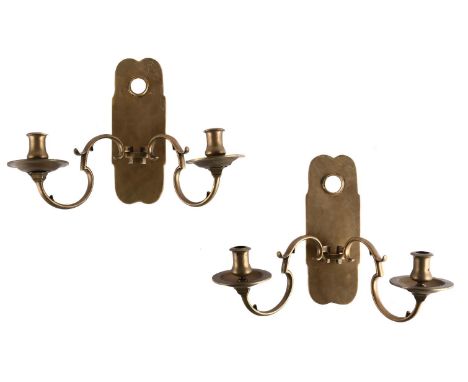 A PAIR OF BRASS DOUBLE LIGHT WALL SCONCES IN DUTCH 18TH CENTURY STYLE  19TH CENTURY With two projecting arms mounted on a wal