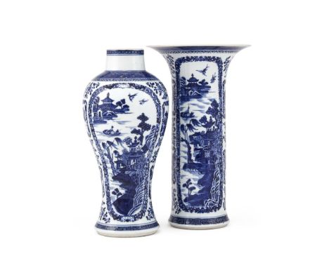 TWO CHINESE BLUE AND WHITE VASES QIANLONG (1736-1795) Both painted with riverscape scene and pavilions 26cm highProvenance: P