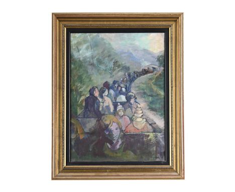 λ  MAJORIE HEATHER (BRITISH 1904-1989) RIDING THE RATTY AT RAVENGLASS Oil on board Signed (lower right), signed, titled, insc