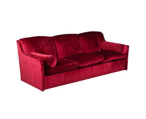 A RED VELVET THREE SEAT SOFA BY LUCY EADIE INTERIORS, OF RECENT MANUFACTURE 88cm high, 244cm wide, 95cm deep  Condition Repor