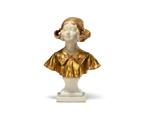 AFTER FORTUNATO GORI (AFFORTUNATO GORY FL.1886-1925)- A BURNISHED GILT BRONZE AND WHITE MARBLE BUST OF A YOUNG DUTCH GIRL  EA