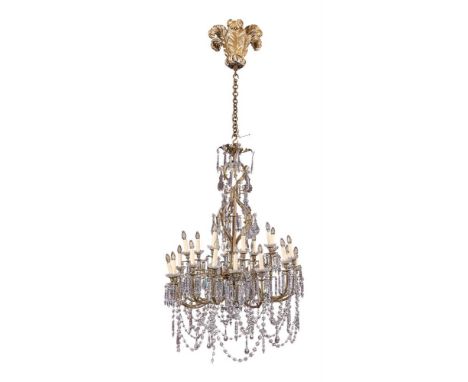 A VICTORIAN GILT-BRONZE AND CUT-GLASS CHANDELIER CIRCA 1860 With a central multi-stem issuing twenty-four twisted and hob-nai