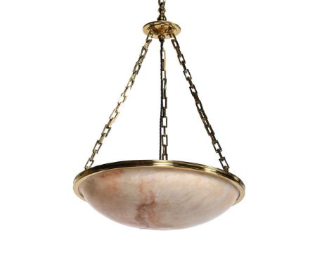 A GILT METAL MOUNTED ORANGE AND WHITE ALABASTER PENDANT LIGHT  EARLY 20TH CENTURY 91cm high overall, the shade 49cm diameter 