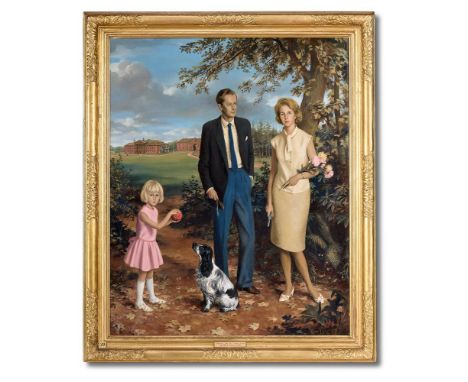 λ CARLOS SANCHA (20TH CENTURY) GROUP PORTRAIT OF CHARLES, JANE AND CAMILLA LEGH IN THE GROUNDS OF ADLINGTON HALL Oil on canva