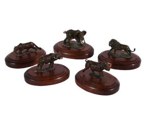 A SET OF FIVE BRONZE MODELS OF THE AFRICAN 'BIG FIVE' KLAUS D. MAUKE, MODERN each mounted on an oval mahogany base the larges