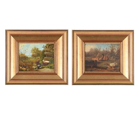 FRANCIA** (20TH CENTURY) DUCKS AND DUCKLINGS BY A RIVER Oil on board, a pair Each signed (lower right) 20 x 25.5cm (7¾ x 10 i