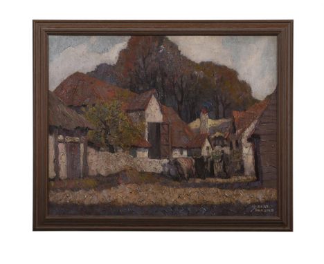 GILBERT RUMBOLD (BRITISH 20TH CENTURY) OLD BARN BETWEEN RICKMANSWORTH & CROXLEY GREEN, HERTFORDSHIRE Oil on canvas Signed (lo
