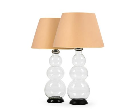 A PAIR OF GLASS LAMPS OF RECENT MANUFACTURE Of triple gourd form 68cm high to bulb socketProvenance: Property of a Lady, Eato