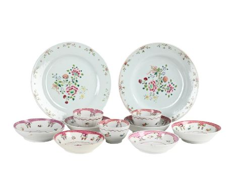 TWO CHINESE FAMILLE ROSE PLATES QIANLONG 23cm diametertogether withTHREE ENGLISH PORCELAIN TEA BOWLS AND SIX SAUCERS  LATE 18