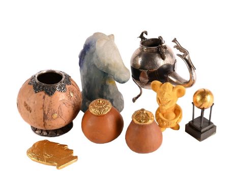 A QUANTITY OF DECORATIVE OBJECTS AND ORNAMENTS  to include; a pair of gilt metal top cruets, small gilt sphere on stand, a gi