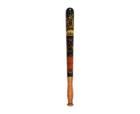 A VICTORIAN PAINTED WOOD TRUNCHEON CIRCA 1880, BY FIELD marked 'Police', by stamped for Field of Leman Street to the end of t