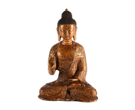 A SINO-TIBETIAN BRONZE FIGURE OF SEATED BUDHA 20TH CENTURY  Seated in dhyanasana with right hand held in shuni mudra and left