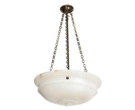 AN ALABASTER CEILING LIGHT  POSSIBLY BY VAUGHAN DESIGNS, MODERNWith hanging chains and internal fitmentsThe shade approximate
