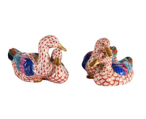 TWO HEREND MODELS OF PAIRS OF DUCKS  SECOND HALF 20TH CENTURY 7cm high, 11cm long respectively  Condition Report:  PLEASE NOT