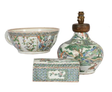 A GROUP OF THREE CANTONESE PORCELAIN 19TH CENTURY Including A Familler Verte bowl, painted with scene from the Romance of the