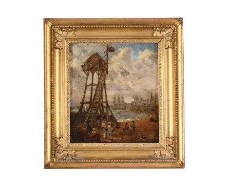 FOLLOWER OF JOHN CONSTABLE ON THE SHORE OF THE THAMES Oil on cardboard 13 x 10.5cm (5 x 4 in.)  Measurements do not include t