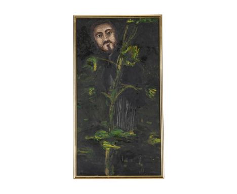 λ  ANTHONY GREEN (BRITISH 1939-2023) SELF-PORTRAIT WITH PLANT  Oil on board  Signed, titled and dated 1964 (verso)  70 x 37.5