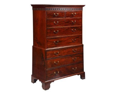 A GEORGE III MAHOGANY CHEST ON CHEST 18TH CENTURY With dentil cornice and blind fret frieze above two short and three long dr