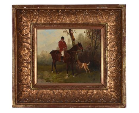 HANS JOHANN HAAG (AUSTRIAN 1841-1919) HUNTSMAN ON HORSEBACK  Oil on panel Signed with monogram (lower right) 14.5 x 17cm (5½ 