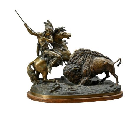 AFTER THEODORE BAUR (FRENCH, 1835-1898) LARGE BRONZE GROUP 'THE BUFFALO HUNT'  1980 EDITION  Signed to cast Theo Baur, stampe
