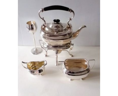 A George V silver tea kettle on stand with gadroon rim by Fordham &amp; Fordham, 1918, 1536g (without burner), 34 cm H; a sim