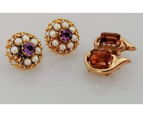 A pair of 9ct gold earrings with amethyst and pearl decoration, hallmarked, 6g, one pearl missing and a pair of citrine earri