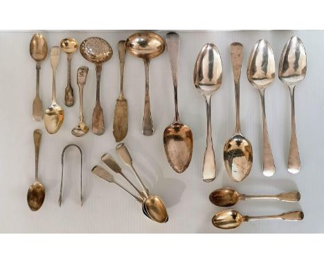 A miscellany of Georgian English silver flatware comprising serving/tablespoons, tea spoons, strainer, etc, mixed dates/maker