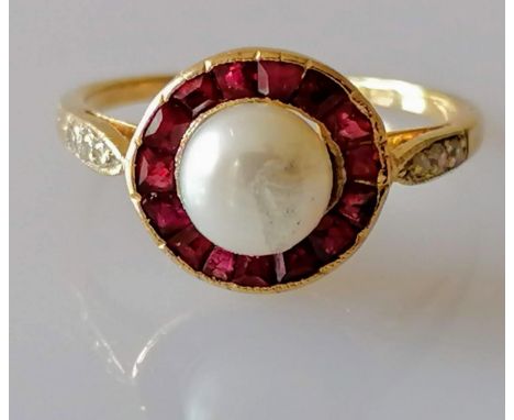 A vintage pearl, ruby and diamond ring, with a central 6mm pearl, surrounded by calibre-cut rubies and three graduated diamon