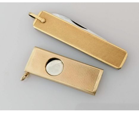 A mid-century GOFA patent, 9ct gold-cased cigar cutter with engine turned decoration, import hallmarks, 5 cm and a similar pe