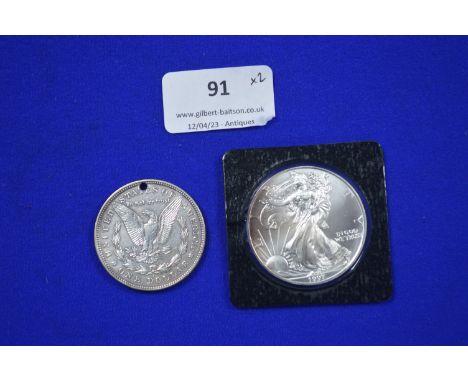 1997 USA 1oz Fine Silver Dollar plus 1921 Pierced Silver Dollar 