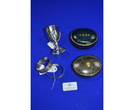 Maplin &amp; Webb Hallmarked Sterling Silver Egg Cup, plus Two Napkin Rings, and Two Small Leather Boxes 