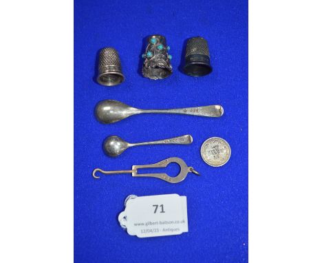 Silver Thimbles, Mustard Spoons, Button Hook, etc. ~31g gross 