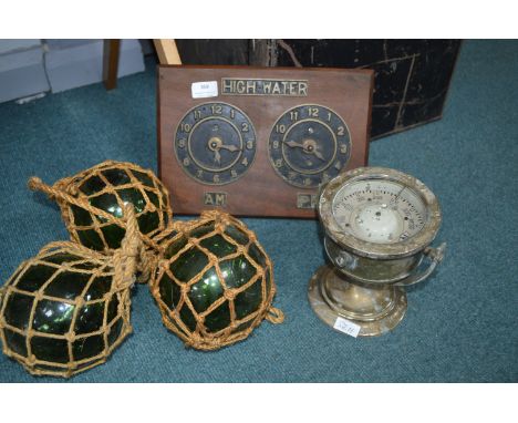 Vintage Ship's Gimble Compass plus Fishing Floats, and High Water Plaque 