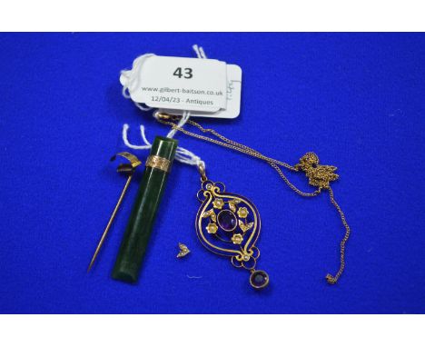 Unmarked Gold Victorian Pendant with Amethyst ~3.78g gross plus Jade Bar Brooch &amp; 9k Gold Chain (all have faults) 