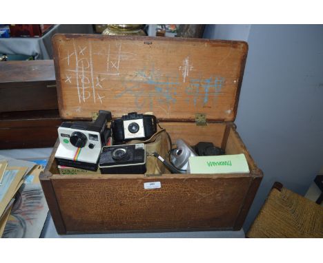 Wooden Box Containing Vintage Cameras 