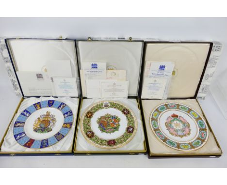 Minton - Three boxed, limited edition, Royal commemorative plates comprising The Queen's Silver Jubilee 1977, The Royal Weddi
