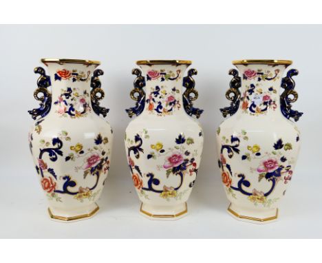 Masons Ironstone - Three very large Mandalay pattern vases, each approximately 53 cm (h) and a table lamp of the same pattern