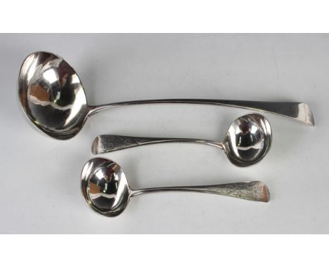 A George III silver Old English pattern soup ladle, London 1808 by Thomas Dicks, length 31cm, and a pair of silver Old Englis